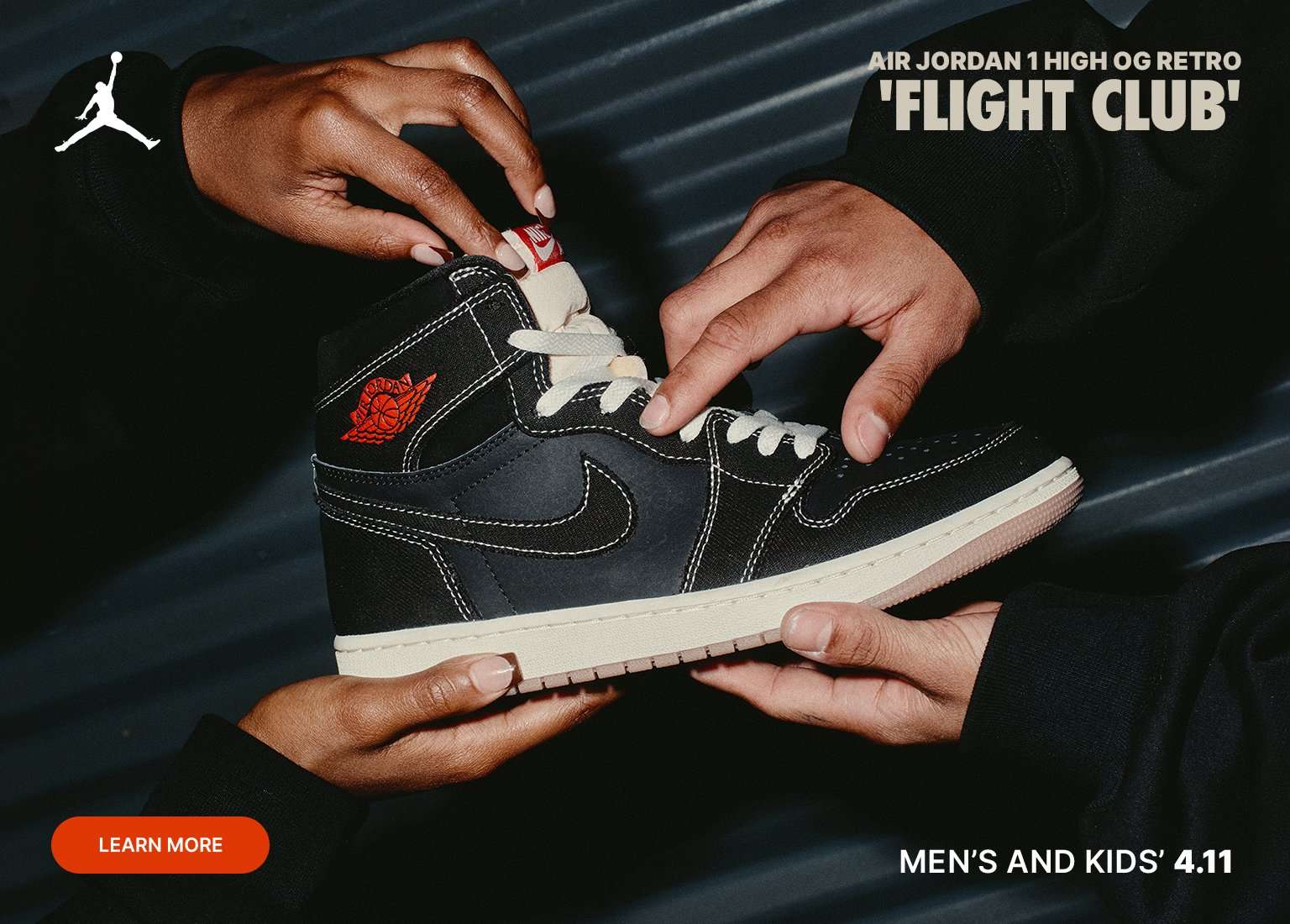 Promotional banner for the Air Jordan 1 High OG Retro Flight Club in Men's and Kids' sizes. The image shows two people holding a black and cream high-top sneaker with an orange Jordan Wings logo. Text includes a Learn More button and a release date of 4.11.