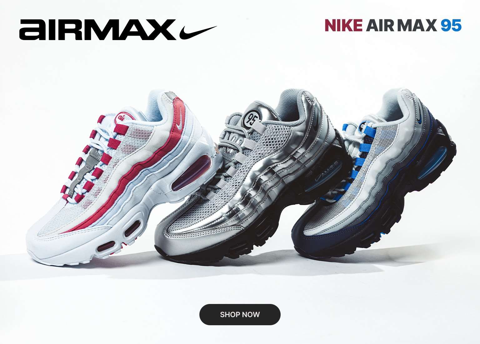 Nike Air Max 95 sneakers in three colorways—white/red, silver, and black/blue—displayed side by side with visible Air units.