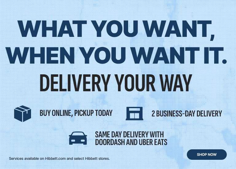 Promotional banner reading &ldquo;What You Want, When You Want It. Delivery Your Way&rdquo; with options for Buy Online, Pickup Today, 2 Business-Day Delivery, and Same Day Delivery with DoorDash and Uber Eats, plus a Shop Now button.