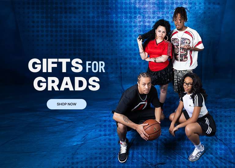 Promotional banner with a textured blue background featuring a group of friends in streetwear and sneakers. Large white text on the left reads Gifts for Grads with a light blue shop now button below it.