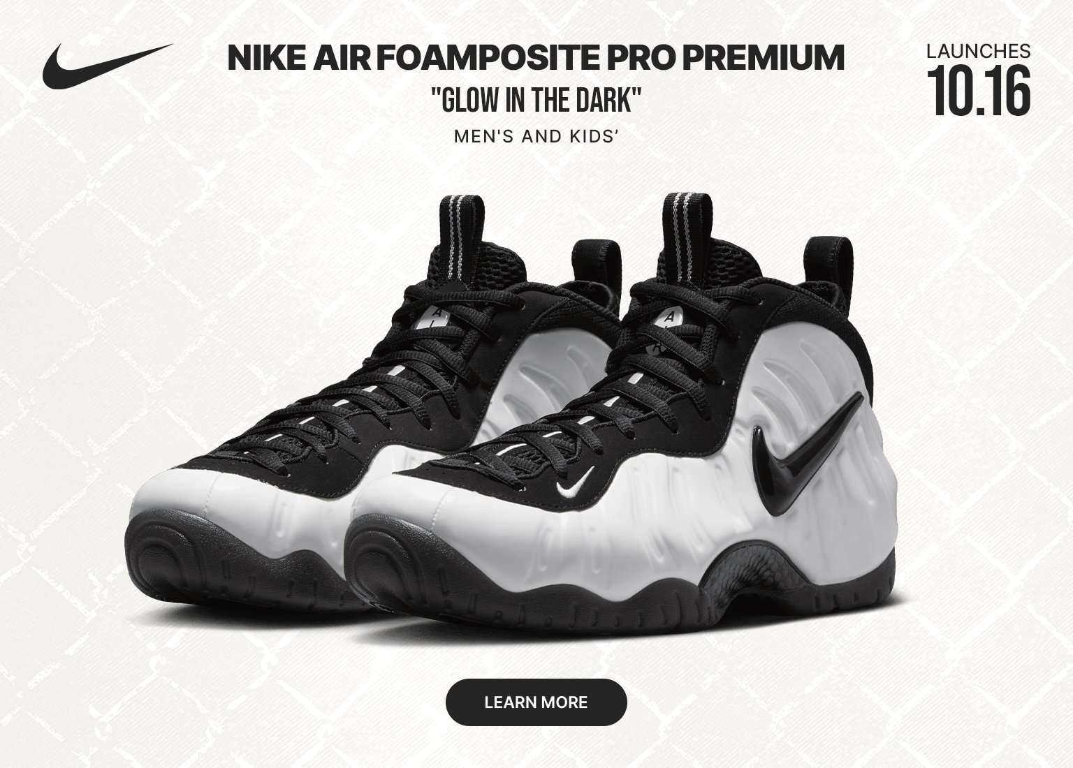 Nike Air Foamposite Pro Premium Glow in the Dark men's and kids' sneaker launch graphic featuring black and white Foamposites.