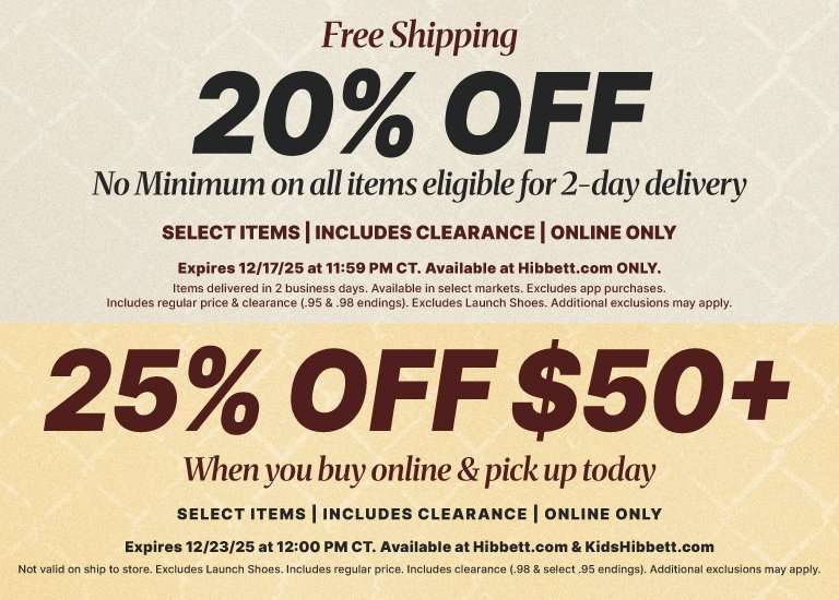 This promotional banner from Hibbett features two distinct online offers. The left side advertises 20% off with no minimum purchase on items eligible for 2-day delivery, valid through December 17, 2025. The right side offers 25% off orders of $50 or more specifically for customers who buy online and pick up in-store today, valid through December 23, 2025. Both deals apply to select items and include clearance products.