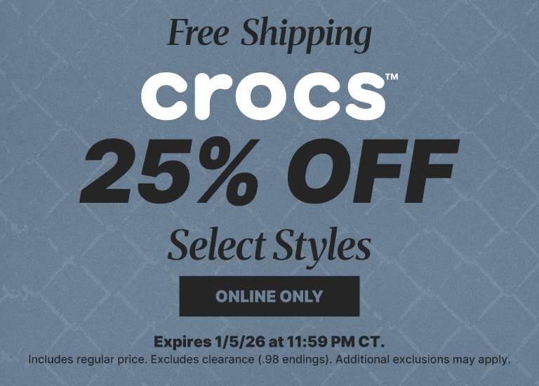 Promotional graphic for Crocs featuring a 25% OFF Select Styles offer with free shipping and an expiration date of 1/5/26.