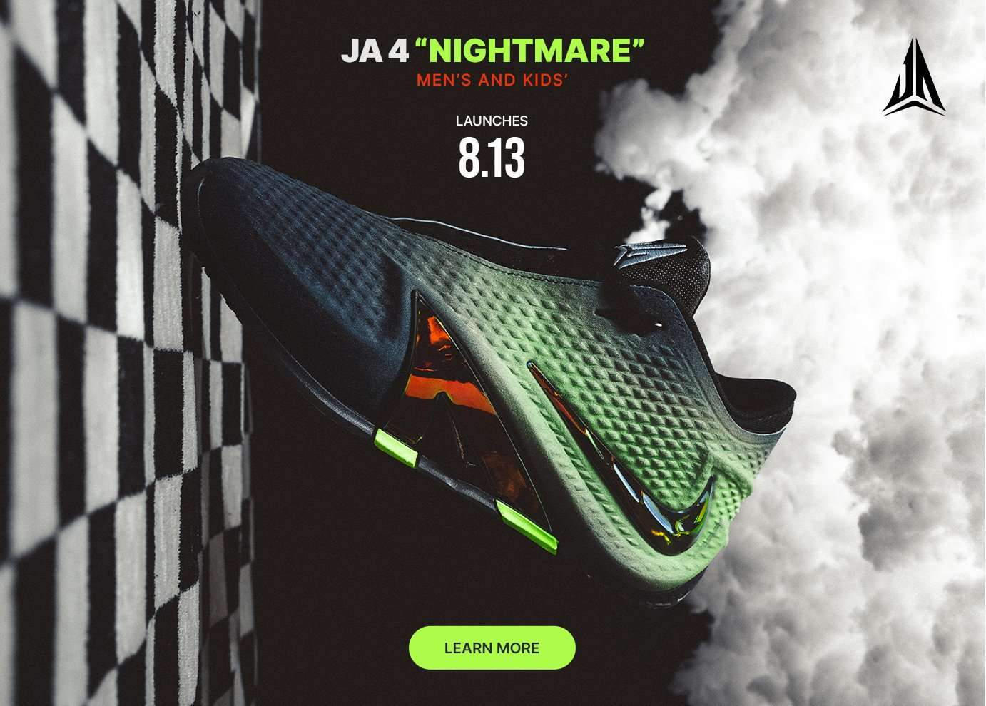 Nike Ja 4 Nightmare launch banner with green and black basketball shoes, neon accents, smoke effects and launch date 8.13.
