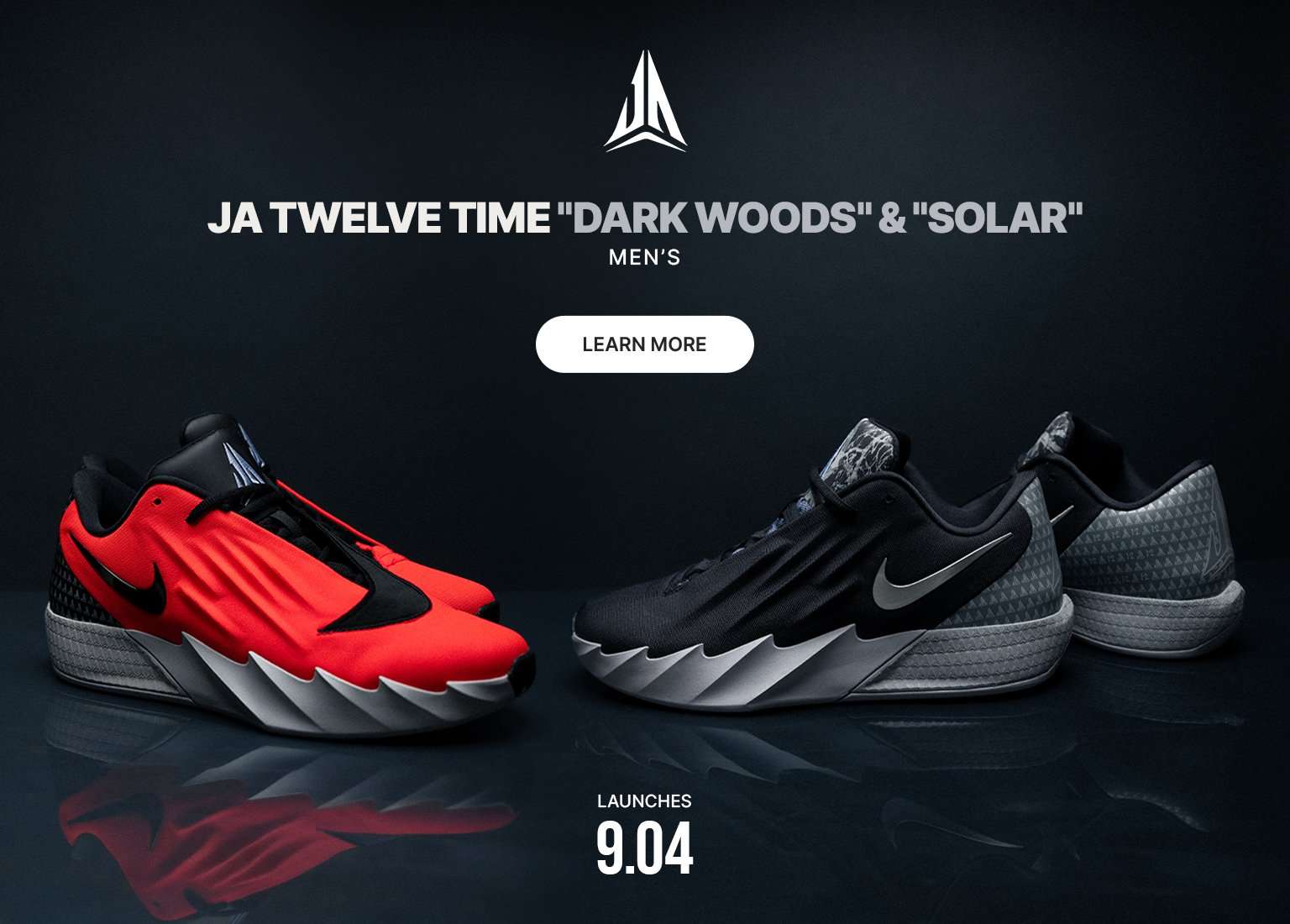 Men's Ja 12 Time Dark Woods and Solar basketball shoes in black-grey and red-black colorways.