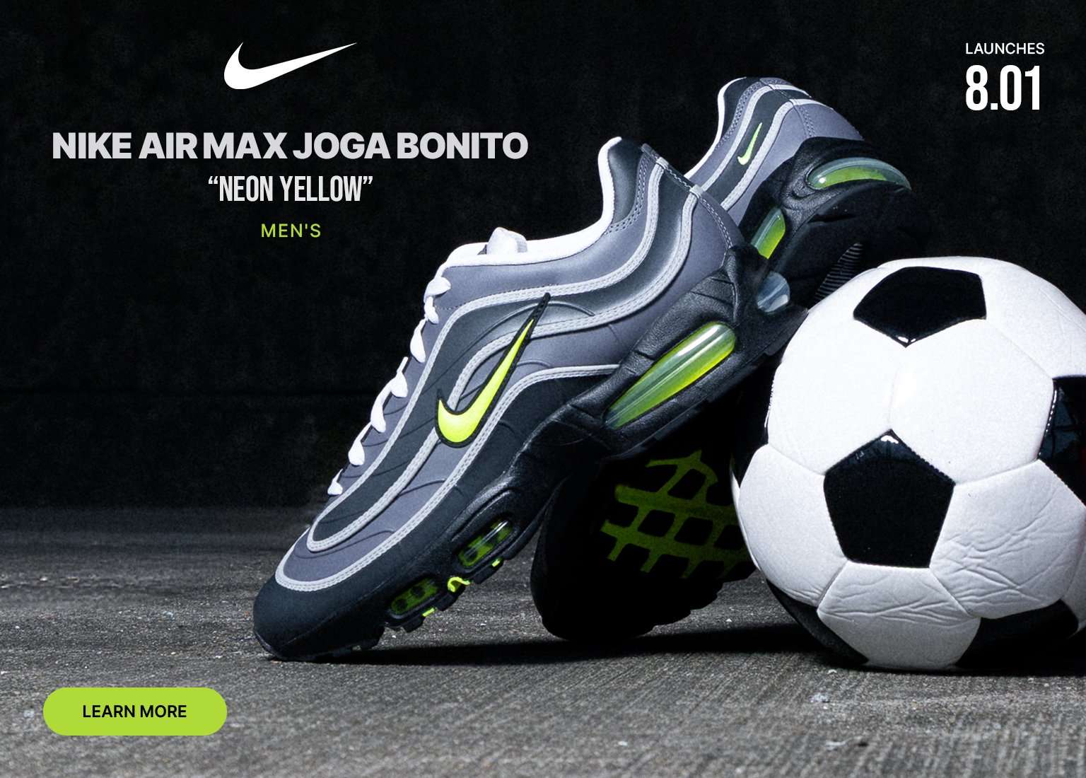 Nike Air Max Joga Bonito Neon Yellow men's sneakers beside soccer balls with August 1 launch date.