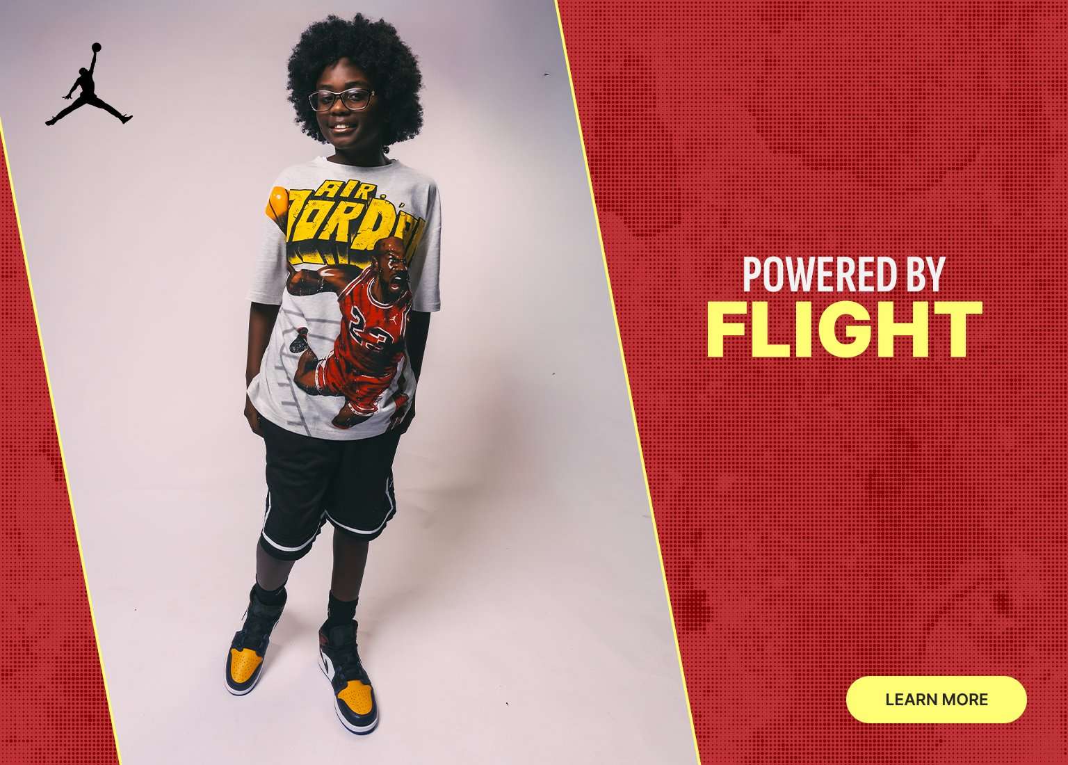 A Jordan Brand digital advertisement featuring a young boy in a graphic Air Jordan t-shirt, black shorts, and colorful Jordan 1 sneakers. The layout is split into three sections, showcasing a full-body pose, a close-up of the footwear, and a red textured panel with the text POWERED BY FLIGHT and a LEARN MORE button.