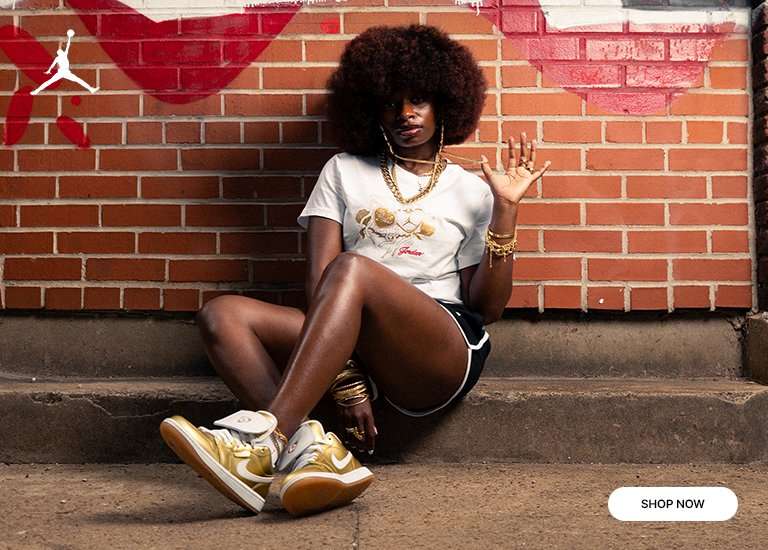 A three-panel Air Jordan lifestyle banner featuring a woman in a metallic graphic tee and gold Jordan 1 Low sneakers. Includes a shop now button.