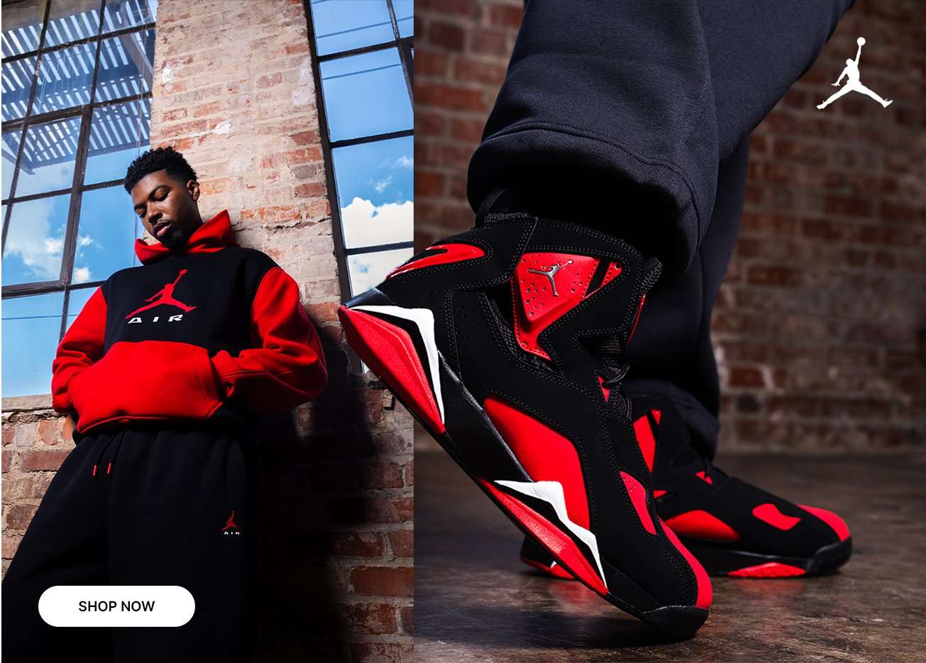 Jordan athlete wearing a black and red hoodie, black sweatpants and red-and-black Jordan sneakers in an industrial loft setting.