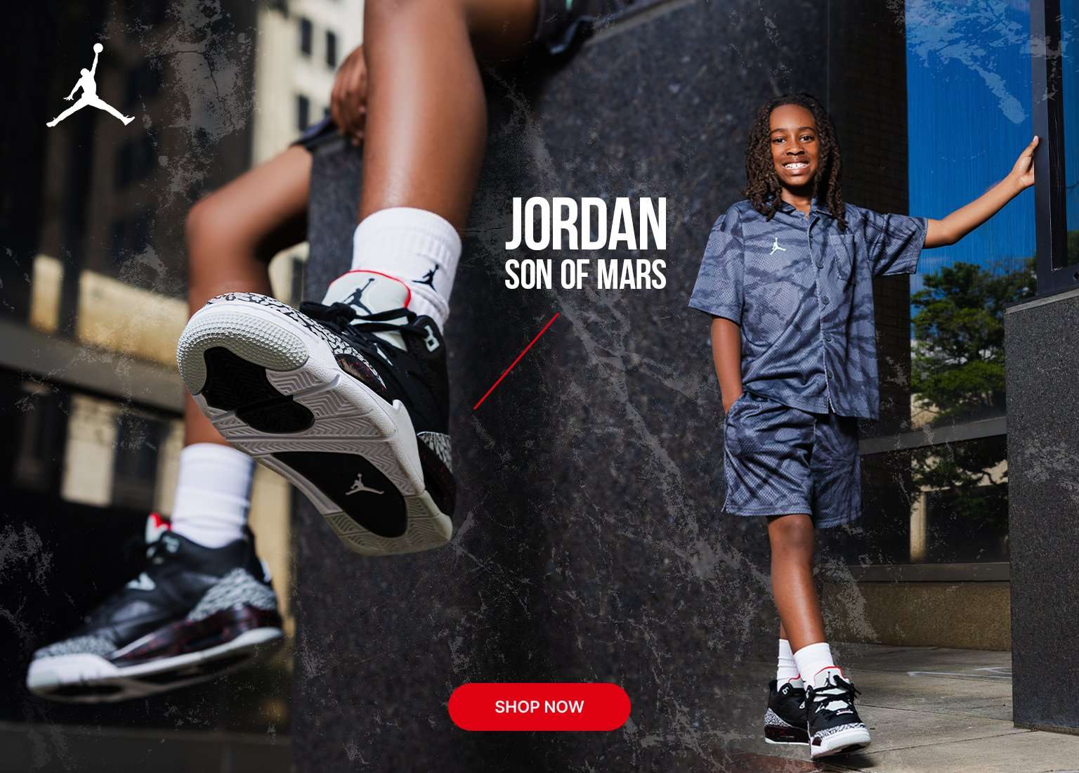 Youth model wearing Jordan Son of Mars sneakers and matching athletic apparel in an urban setting. Promotion highlights the Jordan Son of Mars collection with a Shop Now call to action