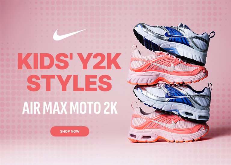 Four stacked Nike Air Max Moto 2K sneakers in blue, silver, and pink colorways against a pink gradient background with text reading Kids' Y2K Styles. 