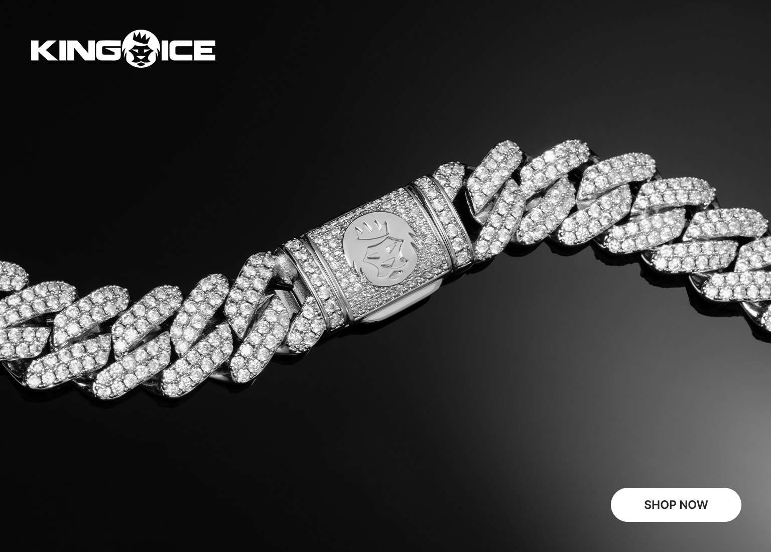 King Ice diamond-encrusted chain with logo clasp on a black background.