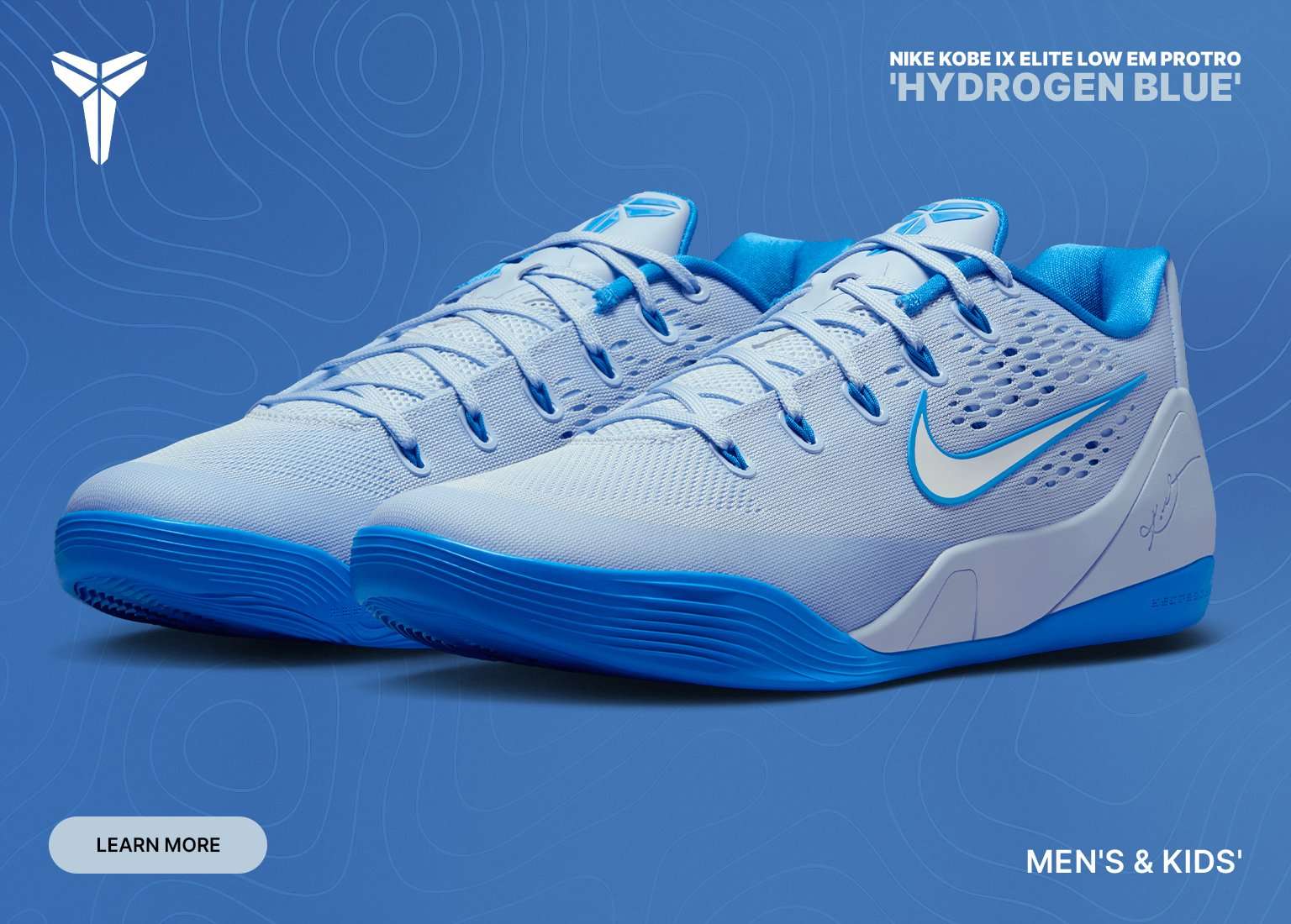 Promotional graphic for the Nike Kobe IX Elite Low EM Protro 'Hydrogen Blue'. The image features a pair of light blue and royal blue basketball sneakers against a matching blue background with topographical line patterns.