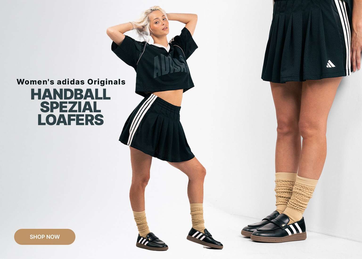 Model in black adidas crop top and pleated skirt wearing striped loafers and socks, with text Women’s adidas Originals Handball Spezial Loafers and Shop Now, plus close-up of shoes on the right.