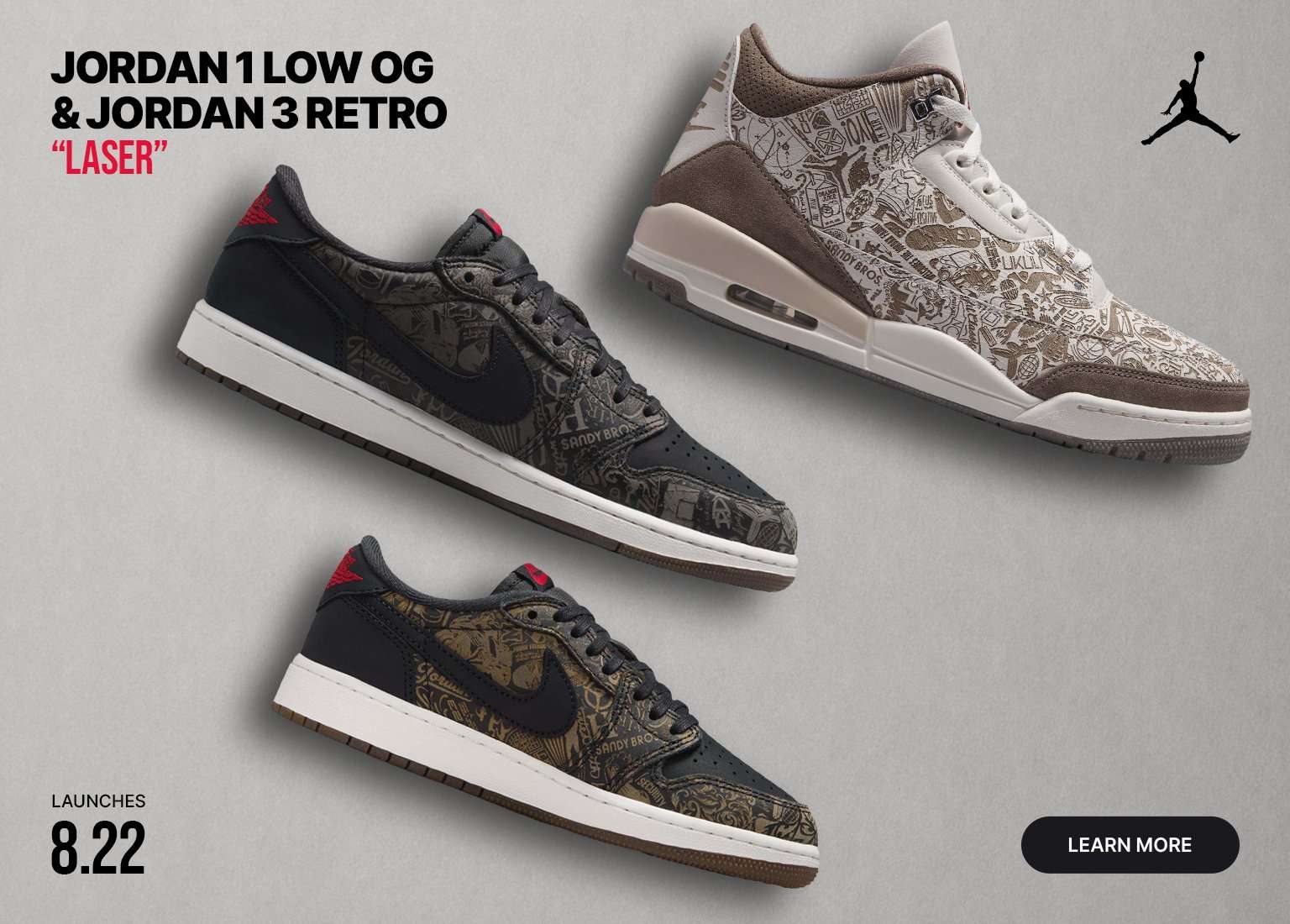 Promotional graphic featuring the Jordan 1 Low OG and Jordan 3 Retro Laser sneakers, showcasing engraved laser-print detailing in black and tan colorways, with launch date listed as 8.22.
