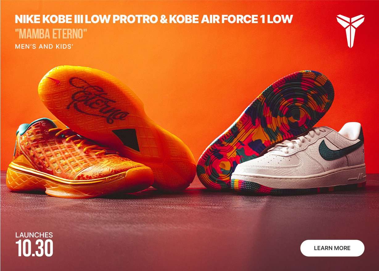 Nike Kobe III Low Protro and Kobe Air Force 1 Low Mamba Eterno shoes, launching 10/30.