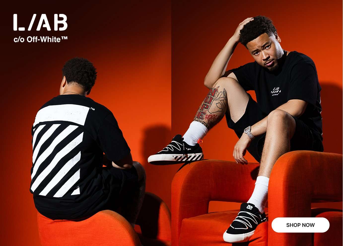 Person modeling black L/AB c/o Off-White™ apparel and sneakers while seated on an orange chair against an orange background.