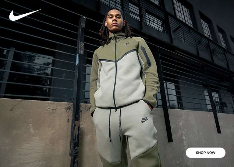 A triptych showing a man wearing a two-tone olive green and beige Nike Tech Fleece tracksuit and matching olive green Nike Air Force 1 shoes with a white sole. The image highlights the full outfit, a close-up of the shoes and jogging pants, and a close-up of the hoodie.