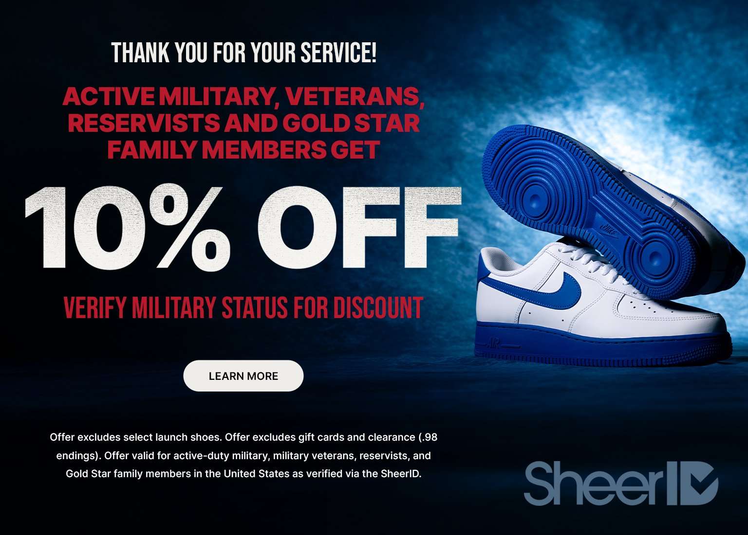 Military discount promotion featuring white and blue Nike Air Force 1 sneakers and 10% off for military members and Gold Star families.