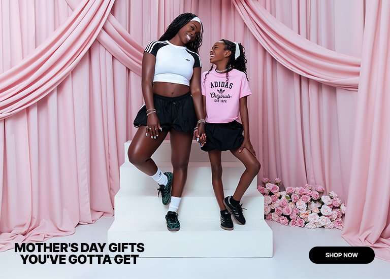 Promotional banner for Mother's Day Gifts You've Gotta Get featuring adidas Samba sneakers, a mother and daughter in adidas Originals clothing, and a Shop Now button.