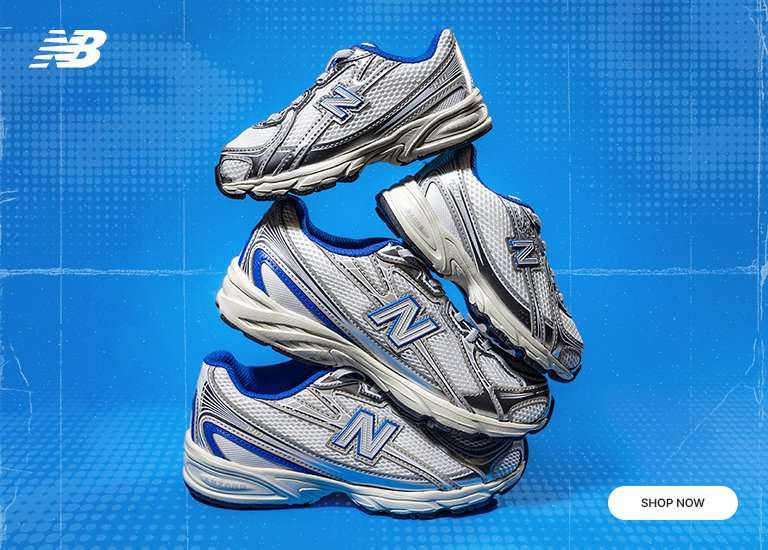 A promotional New Balance banner featuring the 740 sneaker in a blue, white, and silver colorway. The left side shows four shoes stacked vertically, while the right displays a pair of the sneakers in a side-profile view against a textured blue background with a Shop Now button.