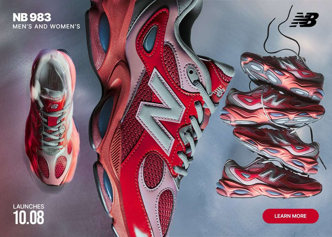 New Balance 983 sneakers in red and gray displayed from multiple angles with launch date and branding.