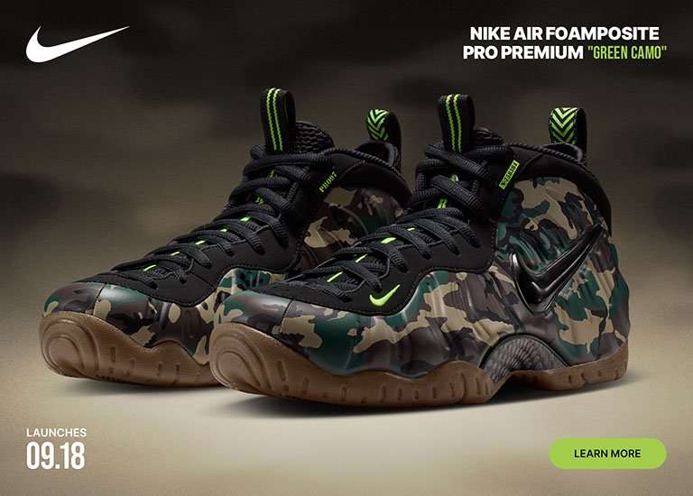 Nike Air Foamposite Pro Premium Green Camo sneakers with camouflage-print upper, black laces, bright green accents, and gum rubber outsole displayed against a dark background.