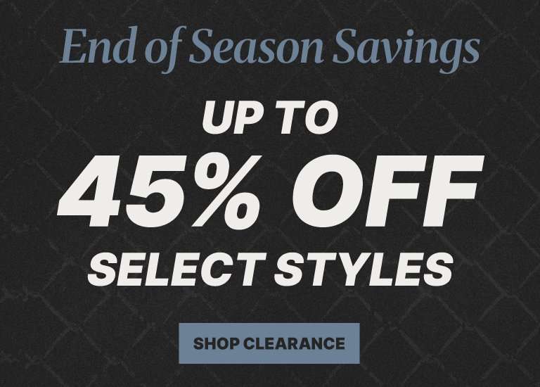 End of Season Savings banner with text reading Up to 45% off select styles and a Shop Clearance button.