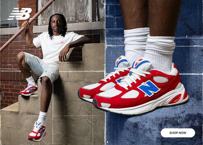 A split-screen advertisement featuring a person sitting on outdoor concrete steps on the left, and a close-up of a pair of red, white, and blue New Balance sneakers on the right with a Shop Now button.