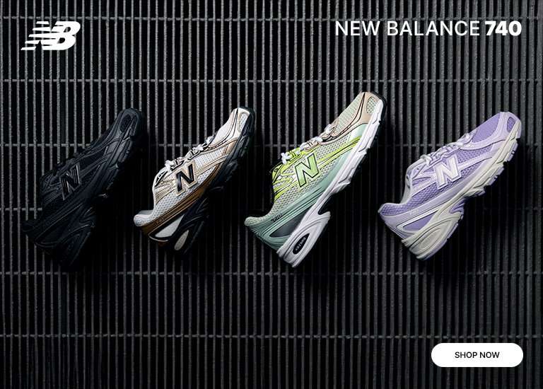 Four New Balance 740 sneakers in black, white/gold, seafoam green, and lavender displayed diagonally against a dark, textured metal grate. The New Balance logo and NEW BALANCE 740 text appear at the top, with a SHOP NOW button in the bottom right corner.