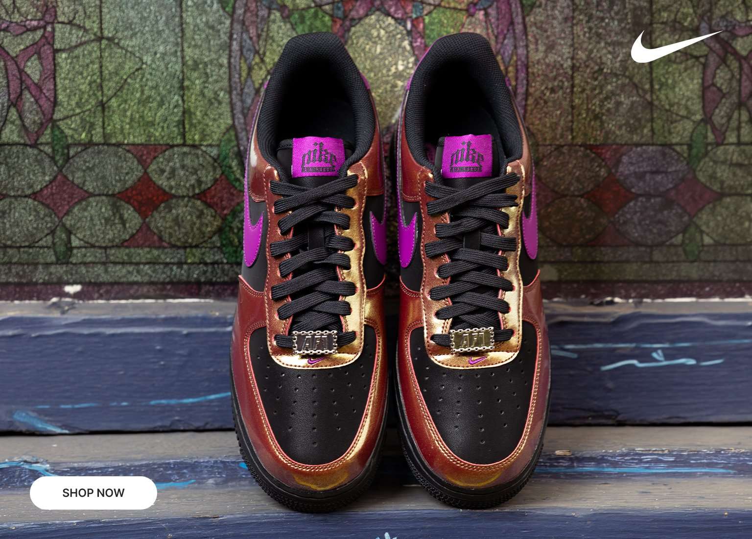 Collage of Nike Air Force 1 sneakers in black with metallic gold overlays and purple Swoosh, shown from multiple angles against a pink background with Shop Now button and Nike logo