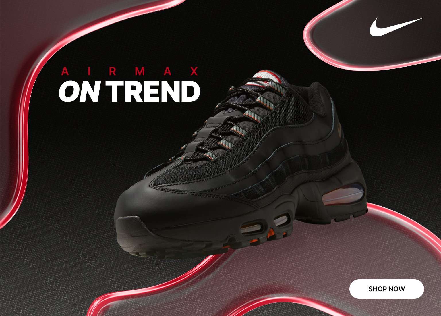 Black Nike Air Max 95 sneaker with visible Air units on a dark background with red accents and Air Max On Trend text.