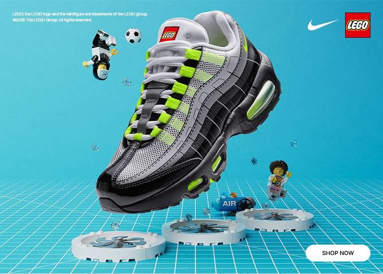 Nike Air Max 95 x LEGO sneaker in gray and black with neon green accents, displayed with LEGO minifigures and playful floating elements on a bright blue background.