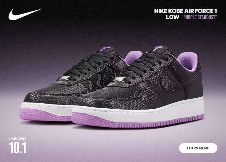 Nike Kobe Air Force 1 Low Purple Stardust sneakers featuring a black snakeskin-textured upper, white midsole, and purple outsole and lining against a dark purple gradient background.