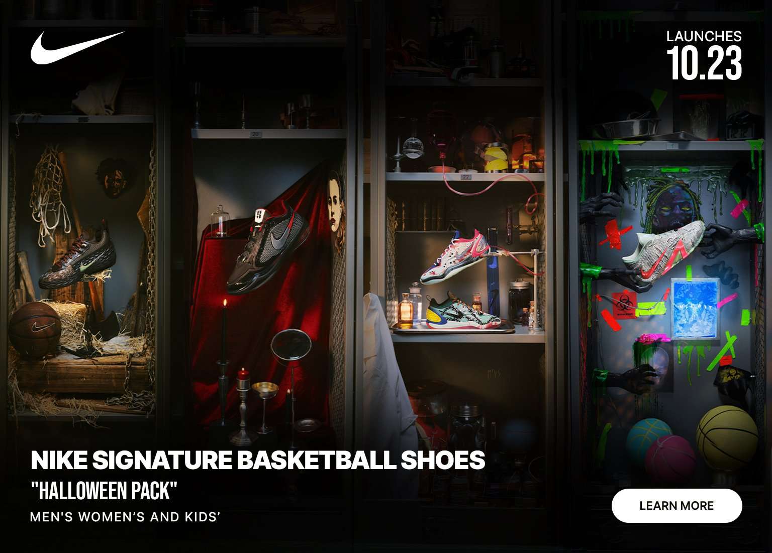 Nike Signature Basketball Shoes Halloween Pack displayed in spooky locker scenes with themed basketball sneakers and Halloween-inspired décor.