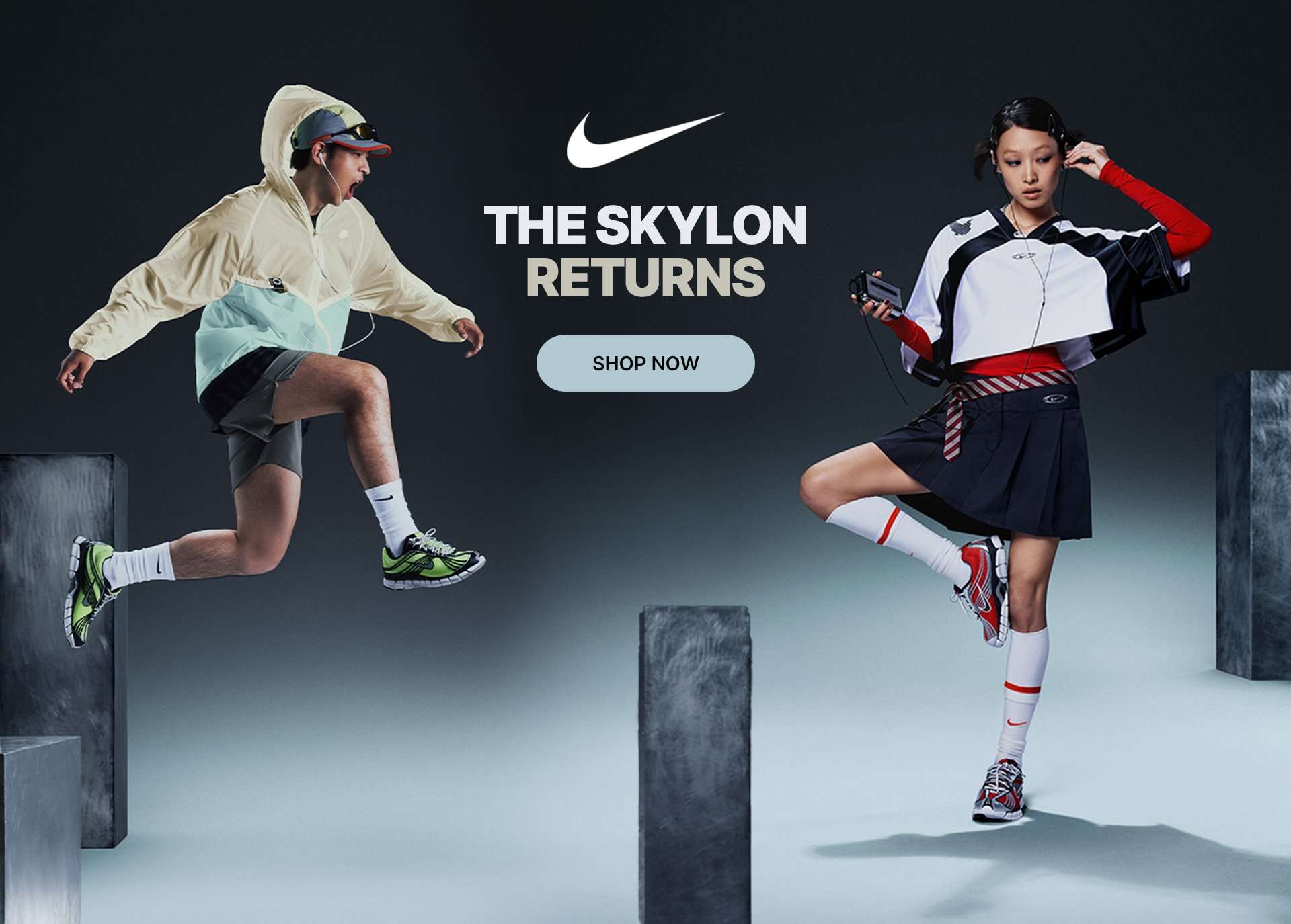 Nike Skylon running shoes worn with athletic apparel in a studio campaign image.