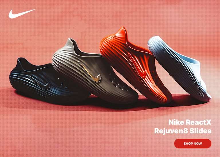 An advertisement for Nike ReactX Rejuven8 Slides featuring four pairs of sculpted, textured slip-on shoes in black, tan, bright orange, and light blue. The shoes are arranged in a row against a textured coral background with the Nike logo in the top left and a Shop Now button in the bottom right.