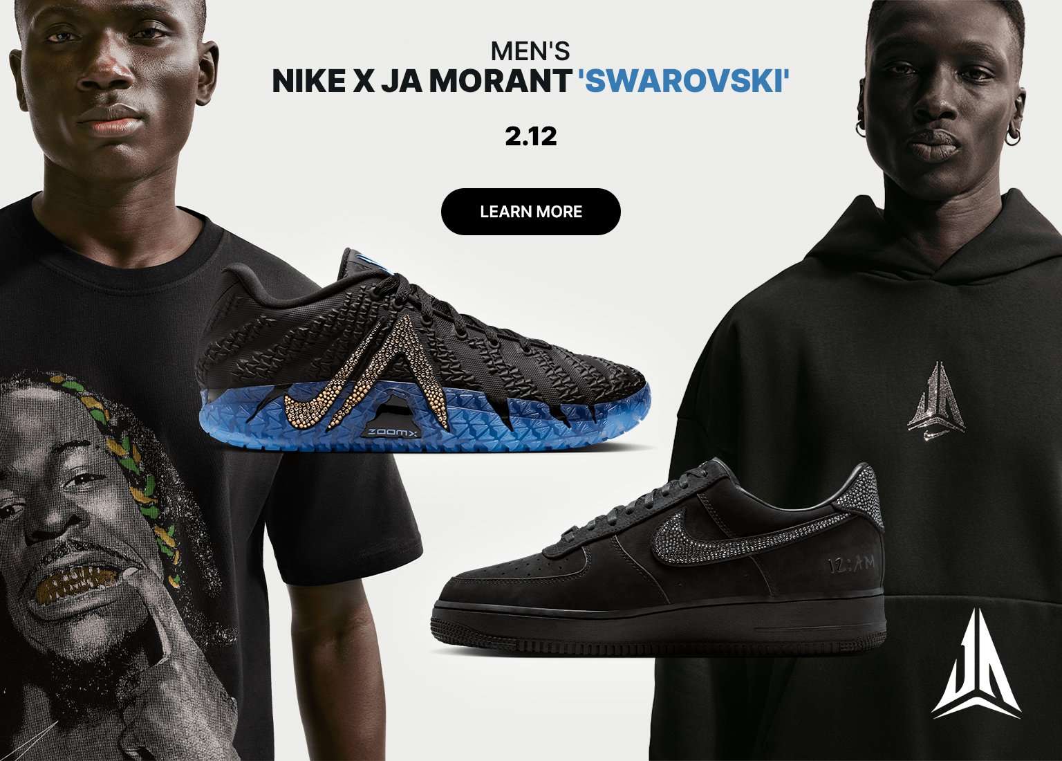A promotional banner for the Men's Nike x Ja Morant 'Swarovski' collection launching 2.12. The image features two models in black apparel—a graphic tee and a hoodie—flanking two black sneakers: a Ja 1 with a crystal-encrusted logo and blue sole, and an Air Force 1 with crystal detailing.