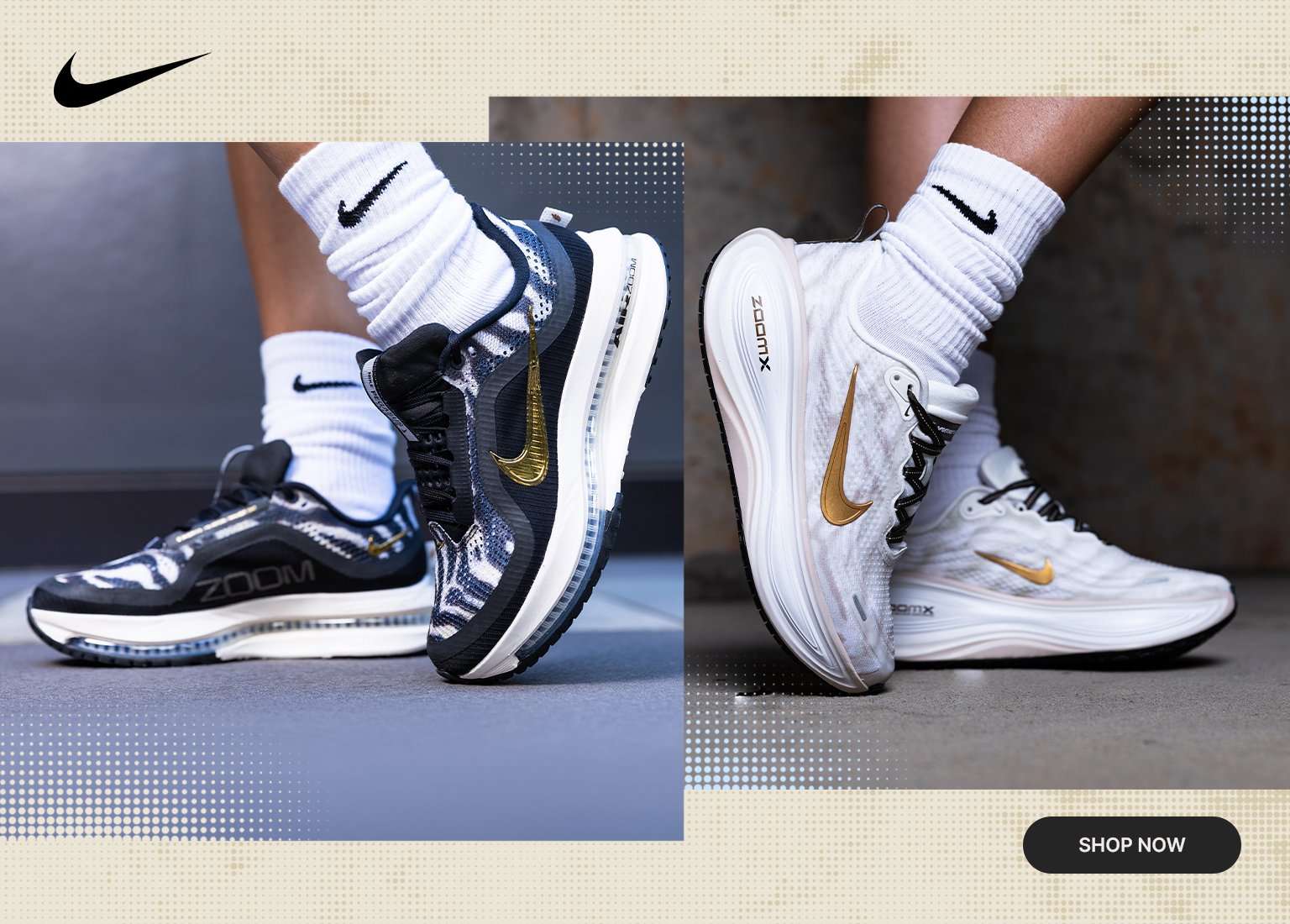 A side-by-side promotional banner featuring Nike Pegasus Premium sneakers with animal print details and metallic gold Swooshes. The left side showcases a black and white zebra-print colorway, while the right side features a white leopard-print version with ZoomX cushioning. Both pairs are styled with white Nike crew socks, and a Shop Now button is in the bottom right corner.