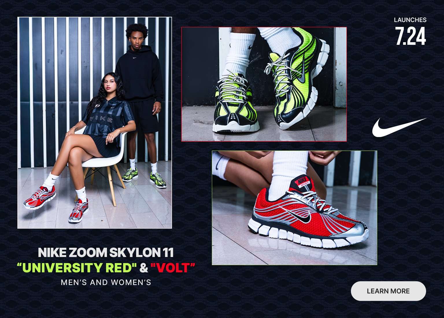 Promotional graphic featuring Nike Zoom Skylon 11 sneakers in University Red and Volt colorways, with models wearing the shoes and close-up product images highlighting the new release.