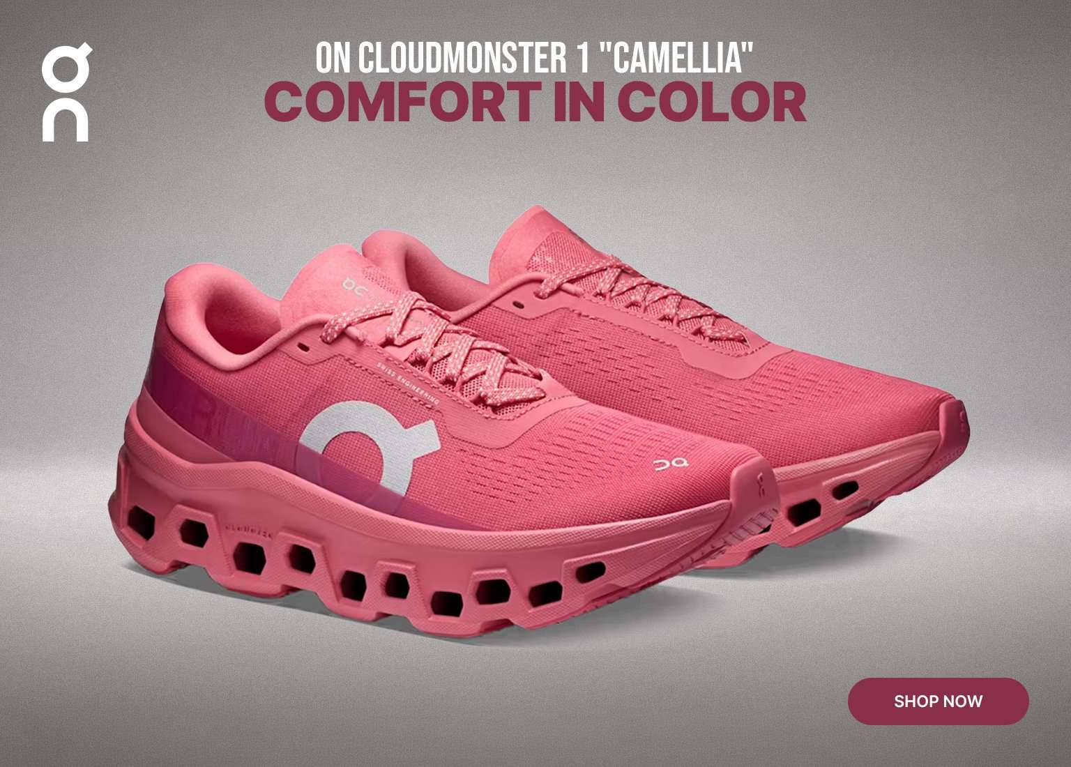 ON Cloudmonster 1 Camellia running shoes in pink displayed side-by-side with Comfort in Color promotional text and Shop Now button.