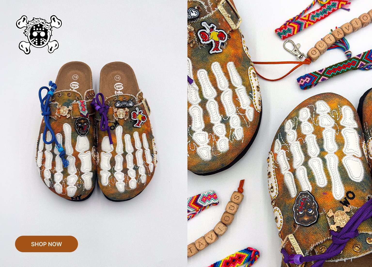 A promotional display of Octavious Marks clogs, featuring a tie-dye orange and brown pattern with white skeleton foot embroidery, various decorative pins, and colorful laces. The image includes the text SHOW US WHAT U CAN DO, a logo, and a SHOP NOW button.
