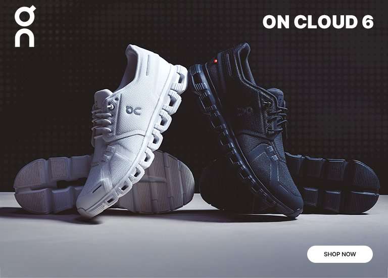 An advertisement for On Cloud 6 sneakers. The image features two pairs of shoes—one all-white and one all-black—leaning against each other on a neutral surface. The On logo is in the top left, and a SHOP NOW button is in the bottom right.