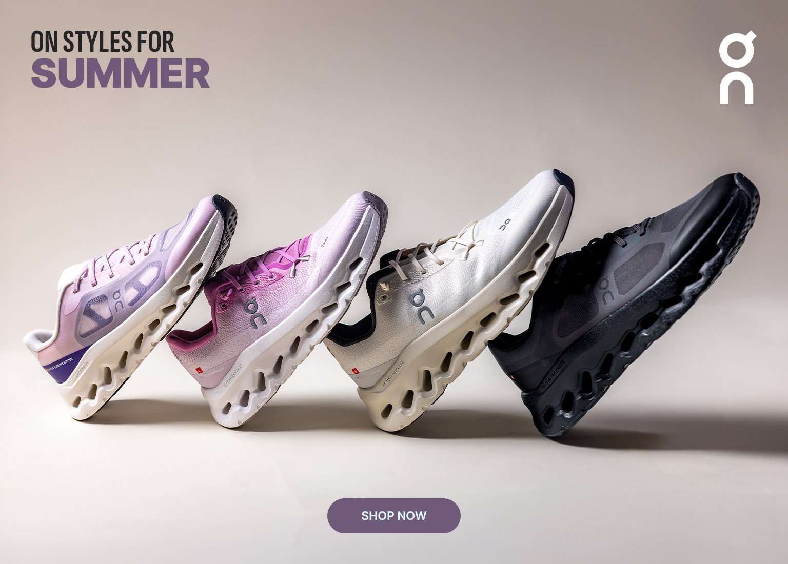 A summer promotional banner featuring four pairs of On running shoes lined up diagonally in lavender, pink, white, and black colorways.