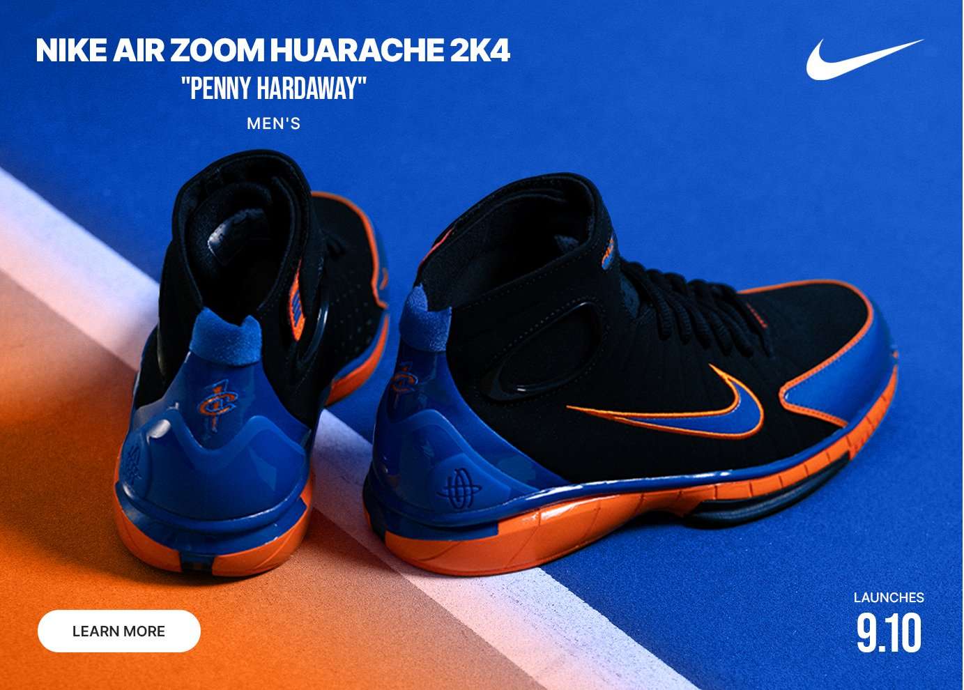 Nike Air Zoom Huarache 2K4 Penny Hardaway men's basketball shoes in black, blue, and orange with launch date graphic.