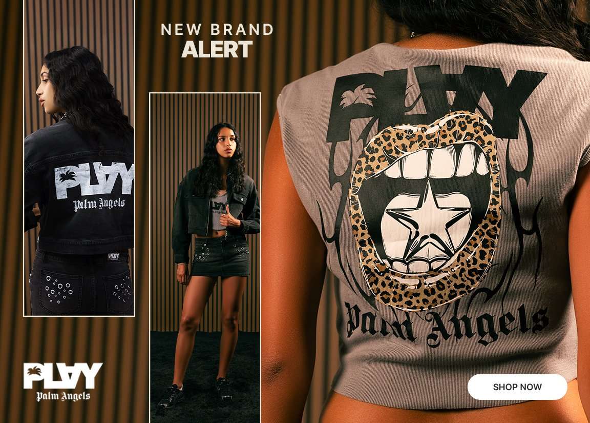 PLAY by Palm Angels apparel collection featuring black denim separates and graphic logo designs.