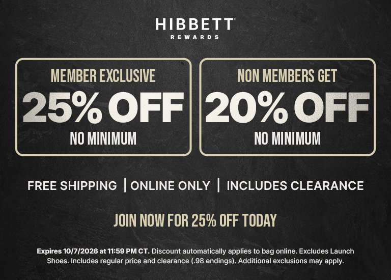 Hibbett Rewards promotion offering 25% off for members or 20% off for non-members, no minimum purchase, free shipping online, including clearance.