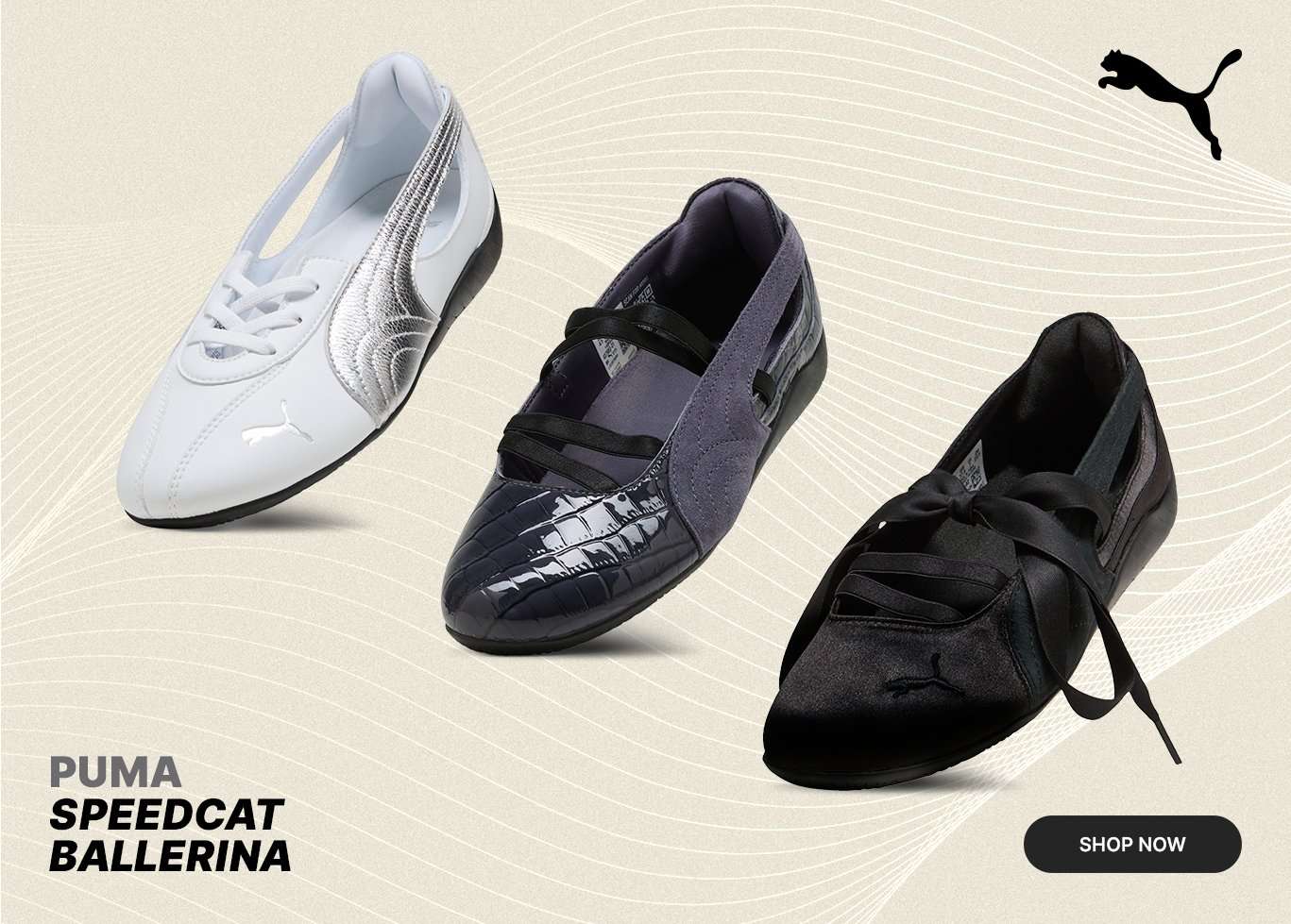 Puma Speedcat Ballerina flats in white, navy, and black displayed against a beige background with flowing line graphics.