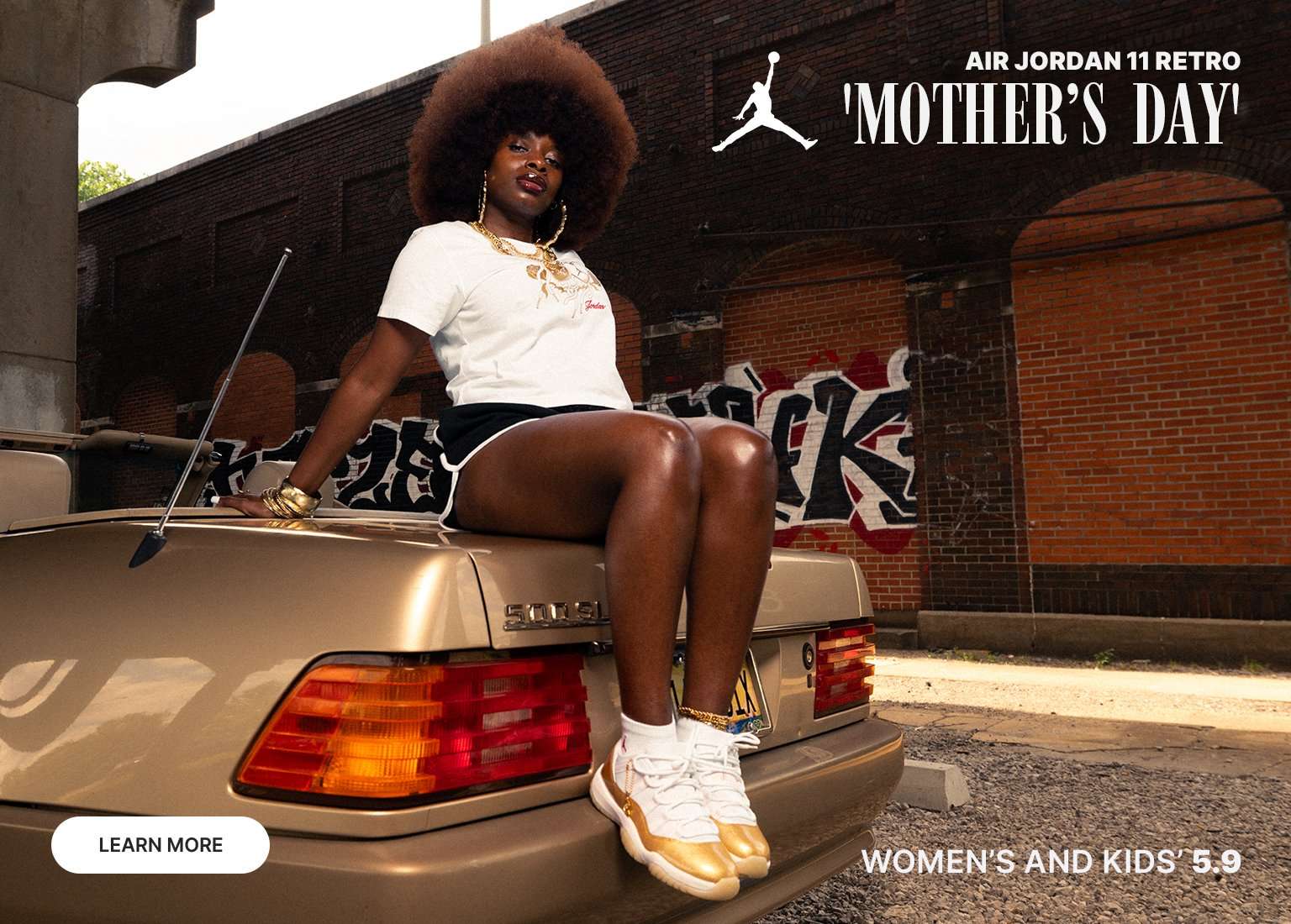 Horizontal banner featuring three lifestyle images of a woman with a large afro posing with gold and white Air Jordan 11 Retro Mother's Day sneakers.