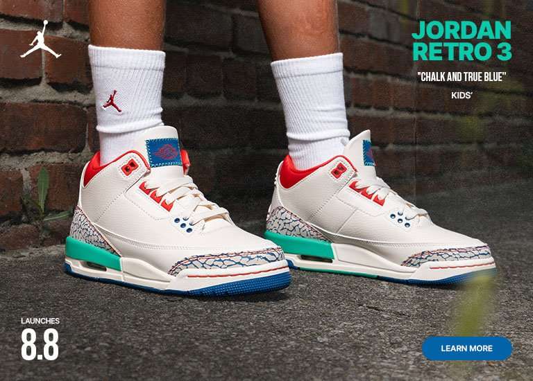 Kids' Jordan Retro 3 Chalk and True Blue sneakers with matching graphic tee, launching August 8.